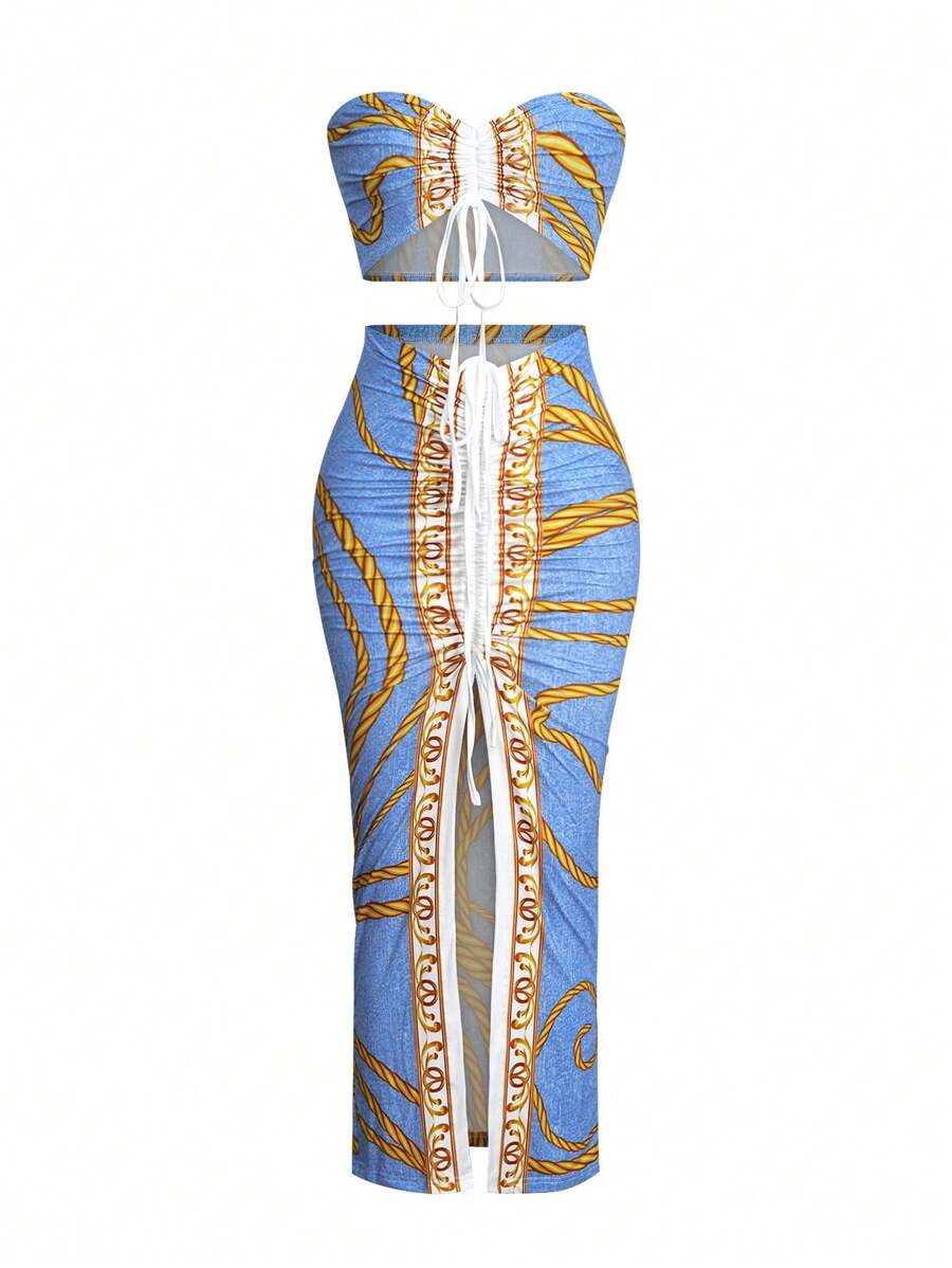 SHEIN Unity Women Random Printed Strapless Top With Slit Skirt Set - Blue - View 1