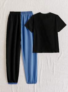 Chiquease Women's Color Block Short Sleeve Round Neck Top And Drawstring Waist Pocketed Pants Casual 2pcs Outfit - Black - View 2