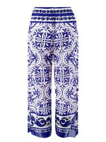 Swim Oasis Plus Size Summer Beach Full Print Deep V-Neck One-Piece Swimsuit And Long Pants Set - Royal Blue - View 6