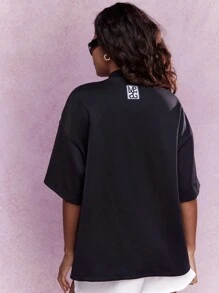 MISSGUIDED Back Logo Label Polo Neck Dropped Sleeve Oversized T-Shirt - Black - View 2