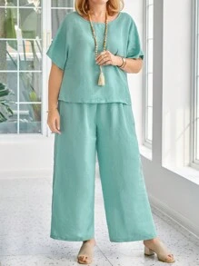 Conjunto de Top e Calça Plus Size Feminino, Cor Sólida Simples, Uso Diário Casual - Verde Oliva - Visão 4