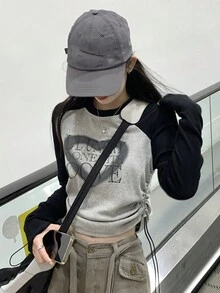 Color Block Letter Pattern Raglan Sleeve T-Shirt With Side Drawstring - Grey - View 5