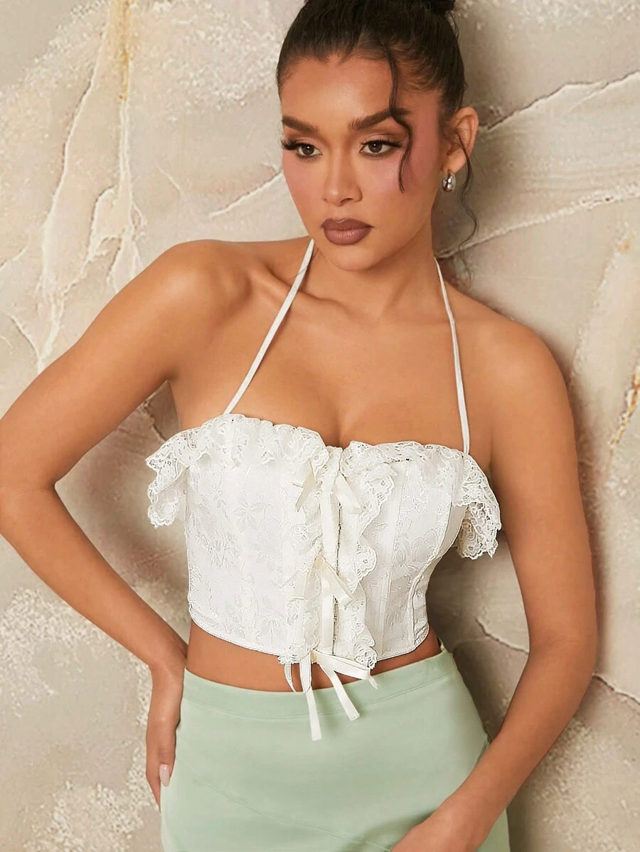 Hauture Áo crop top ren xếp nếp - trắng - Xem 1