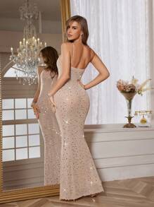 Vestido de fiesta de verano elegante de mujer con aplicaciones de strass y ajustado al Body - Champán - Ver 2