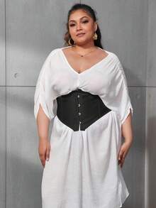 Plus Grommet Lace Up Back Corset - Black - View 1