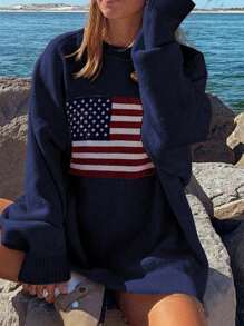 Chiquease Flag Pattern Drop Shoulder Long Sleeve Sweater,Long Sleeve Tops