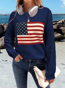 Chiquease Flag Pattern Drop Shoulder Long Sleeve Sweater,Long Sleeve Tops