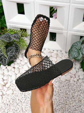 Fall/Winter Women's Flat Shoes, Summer Outdoor Fashionable Sexy Black Breathable Mesh Slip-On, Comfortable Casual Flat Sandals With,Mule