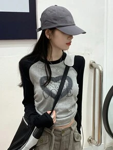 Color Block Letter Pattern Raglan Sleeve T-Shirt With Side Drawstring - Grey - View 3