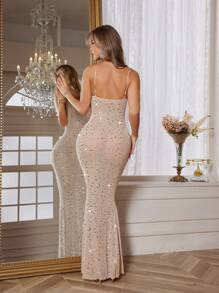 Vestido de fiesta de verano elegante de mujer con aplicaciones de strass y ajustado al Body - Champán - Ver 5