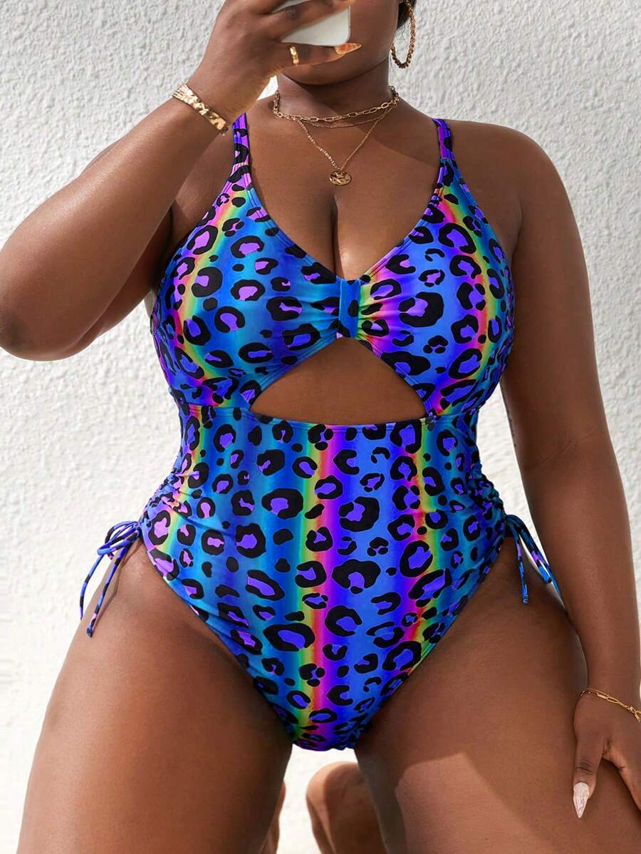 Slaydiva 2025 Plus Size Women Leopard Print Ruched Cut-Out One-Piece Swimsuit Summer