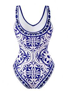 Swim Oasis Plus Size Summer Beach Full Print Deep V-Neck One-Piece Swimsuit And Long Pants Set - Royal Blue - View 2