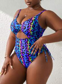 Slaydiva 2025 Plus Size Women Leopard Print Ruched Cut-Out One-Piece Swimsuit Summer - Multicolor - View 6