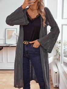 Knit Mix Áo khoác cardigan màu trơn thanh lịch dành cho nữ, cổ hở, tay loe và thiết kế khoét lỗ, dáng rộng, mùa xuân/thu (Họa tiết ngẫu nhiên) - Màu xám đen - Xem 4