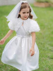 SHEIN Set Gaun dan Selendang Bunga 3D Cantik untuk Anak Perempuan, Cocok untuk Pengantin dan Pengiring Pengantin. - Putih - View 4