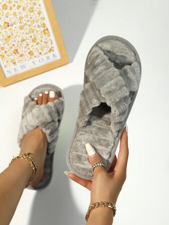 Fall/Winter Women's Fashionable Cross Band Grey Plush Fluffy Slippers, Soft Sole Comfortable For Quiet Bedroom Floors