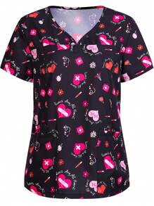 Đồng phục y tá thể thao co giãn in kỹ thuật số dành cho nữ Plus Size, Tẩy tế bào chết, Quần áo bảo hộ lao động có túi và chất liệu thoáng khí để giặt tay - Nhiều màu - Xem 1