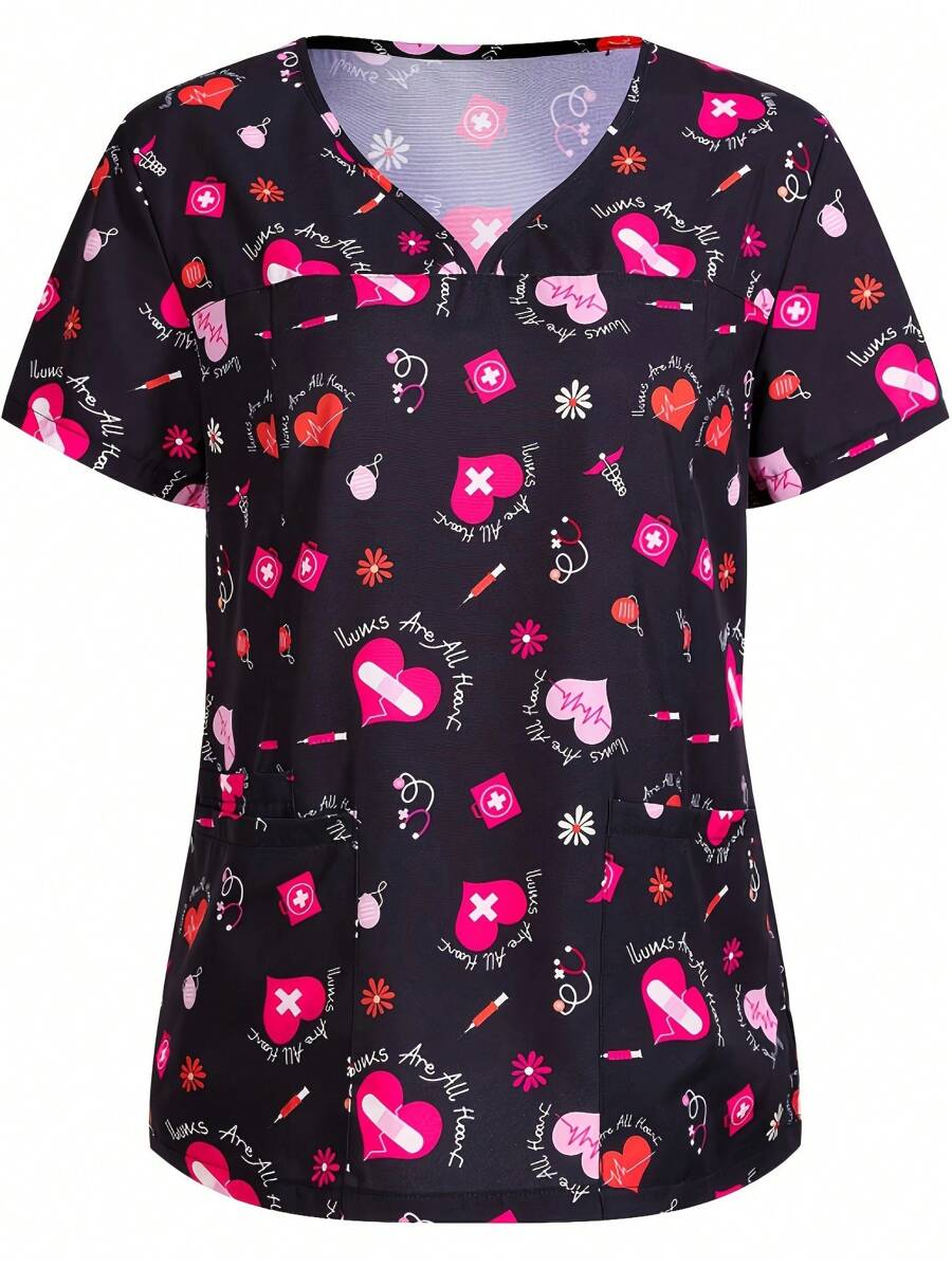 Đồng phục y tá thể thao co giãn in kỹ thuật số dành cho nữ Plus Size, Tẩy tế bào chết, Quần áo bảo hộ lao động có túi và chất liệu thoáng khí để giặt tay - Nhiều màu - Xem 1