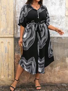 SHEIN Clasi Váy sơ mi ngắn tay in ngẫu nhiên cỡ lớn dành cho nữ - Đen và trắng - Xem 6