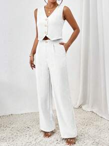Chiquease Women's Solid Color Simple Daily Sleeveless Top & Long Pants Suit - White - View 6