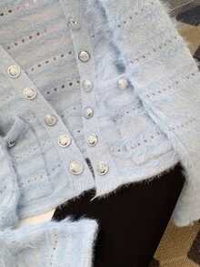 Cardigan court et décontracté de style doux, automne/hiver - Bleu azur - Voir 7