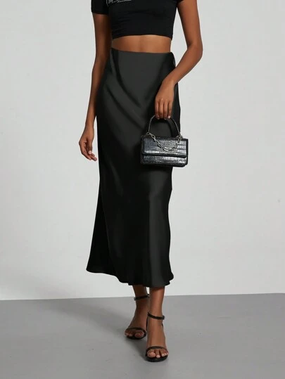 Se-Helo Fashion Women's Elastic Satin Feeling Satin Maxi Skirt - Black Casual Spring