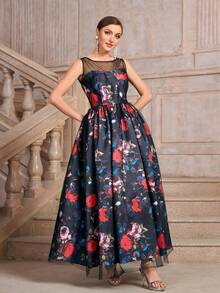 Black Mesh Contrast Floral Printed Formal Evening Party Dress A-Line Ball Gown (Heavy Style) For Women