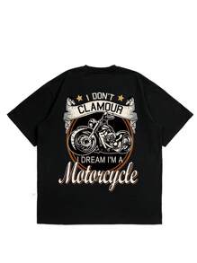 Camiseta De Manga Corta Para Hombre Con Impresión De Motocicleta Y Letra - Negro - Ver 2
