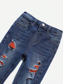 SHEIN Young Boy Orange Contrast Yarn Cut Out Ripped Frayed  Jeans For Vacation And Dailywear Cute Summer Clothes For School - Blue - View 8