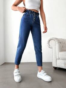 SHEIN Cottnline Women's Paper Bag Waist Button Fly Cropped Jeans - Medium Wash - View 5