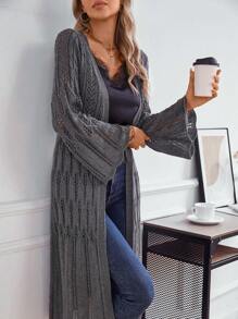Knit Mix Áo khoác cardigan màu trơn thanh lịch dành cho nữ, cổ hở, tay loe và thiết kế khoét lỗ, dáng rộng, mùa xuân/thu (Họa tiết ngẫu nhiên) - Màu xám đen - Xem 1