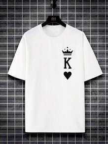 大码男士休闲扑克印花圆领短袖 T 恤