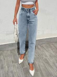 Cottnline Paperbag Waist Mom Jeans - Baby Blue - View 4