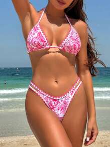 Swim Vcay Women's Summer Beach Floral Print Halter Neck Tie Bikini Set