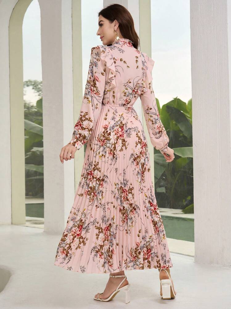 Vestido largo de manga larga con pliegues estampado floral, cuello con lazo de cinta, conjunto de mujer - Rosa - Añade 2