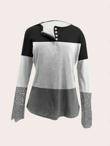 Women's Long Sleeve Contrast Color Printed Ribbed Top T-Shirt For Spring And Summer - White - View 3