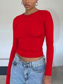 Elegant & Versatile Women Plain Crew Neck Long Sleeve Ruched Fitted Slim Fit T-Shirt,Suitable For Summer And Autumn/Winter Seasons - 紅色 - 查看 3