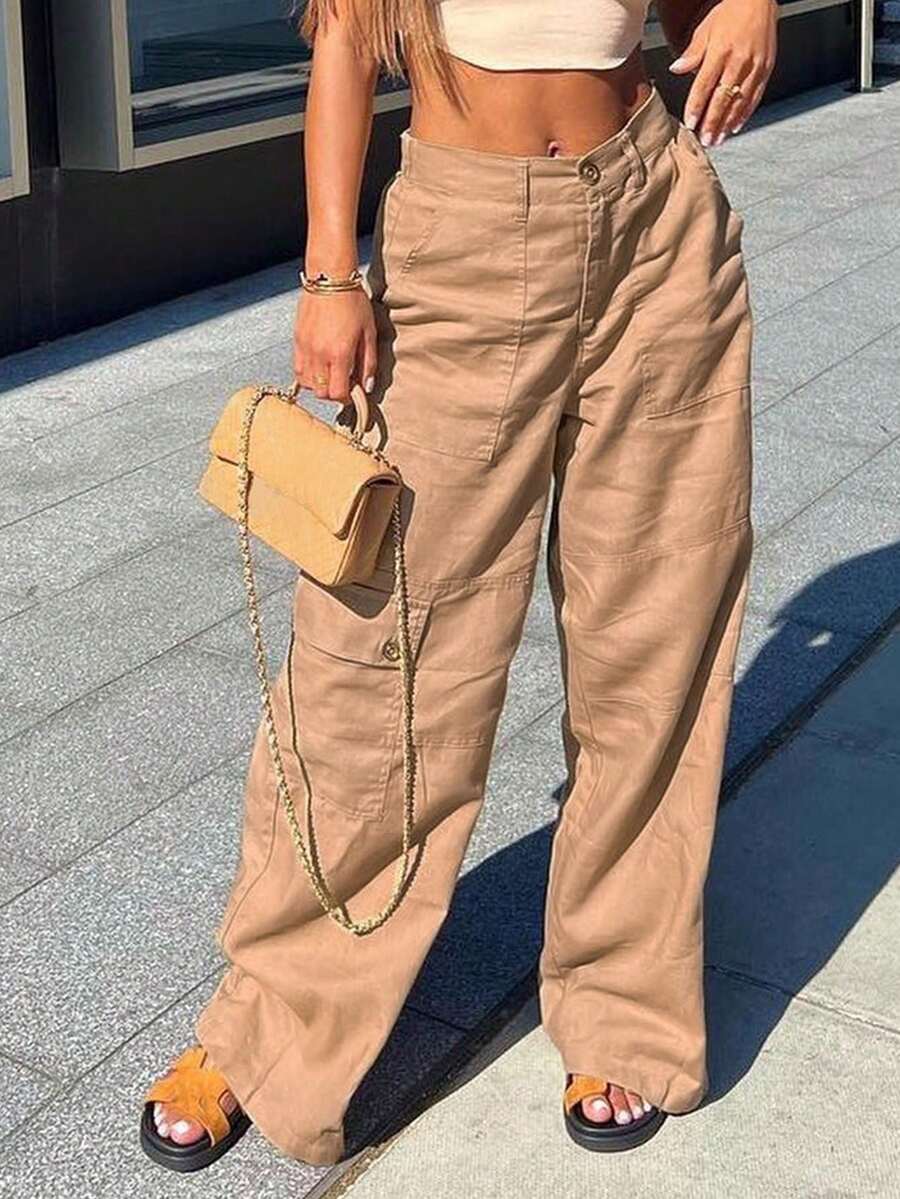 Quần ống rộng màu trơn thường ngày cỡ lớn cho nữ - Màu Khaki - Xem 1