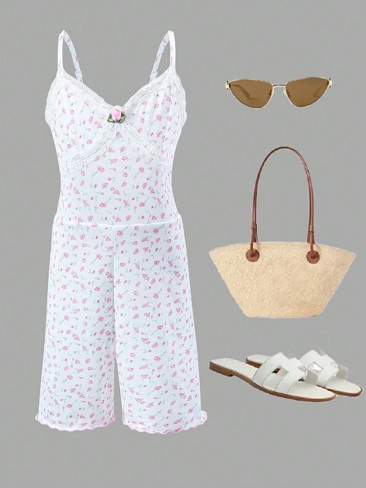 Tween Girl Summer Casual Ditsy Floral Lace Trimmed Strappy Jumpsuit