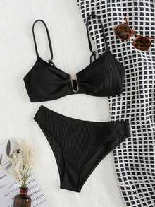 SHEIN Swim Bộ Bikini Ruffle Màu Trơn Gợi Cảm Cho Nữ Đi Biển Mùa Hè - màu đen - Xem 7