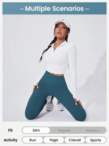 Easithlete Quần legging thể thao màu trơn cạp cao thường ngày cho nữ - Màu xanh lam - Xem 4