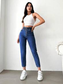 SHEIN Cottnline Women's Paper Bag Waist Button Fly Cropped Jeans - Medium Wash - View 6