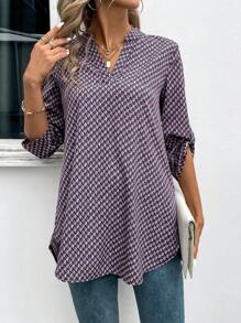 SHEIN LUNE Áo sơ mi nữ đơn giản in ngẫu nhiên hàng ngày - Bụi tím - Xem 3