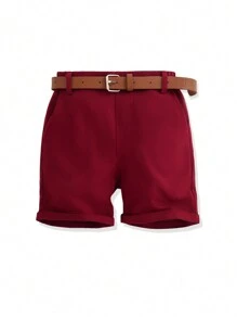 SHEIN Young Boy Comfortable Woven Solid Color Belted Shorts, Spring/Summer - Burgundy - View 1