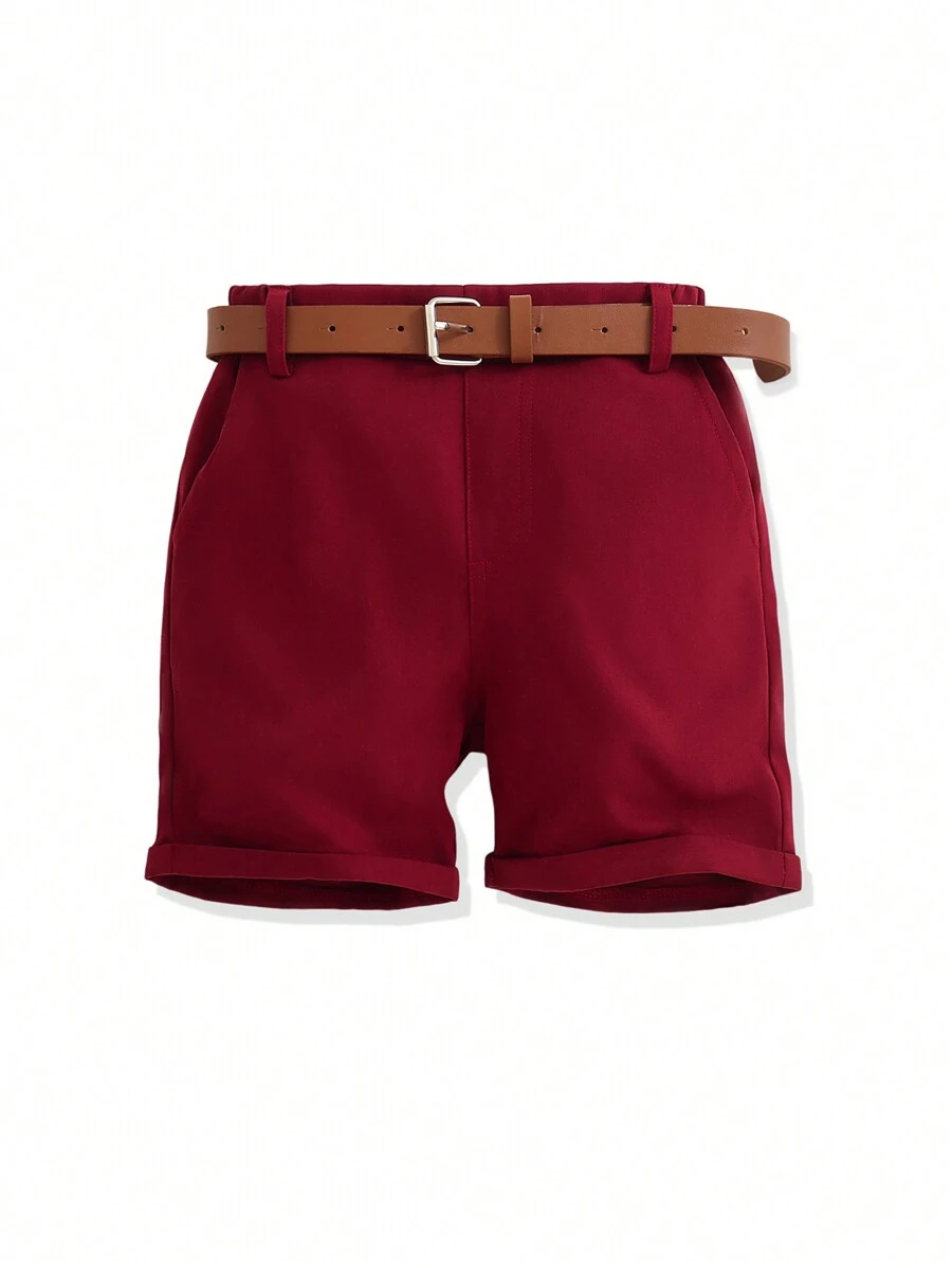 SHEIN Young Boy Comfortable Woven Solid Color Belted Shorts, Spring/Summer - Burgundy - View 1