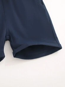 SHEIN 男童舒适编织纯色腰带短裤，春夏 - 藏蓝色 - 查看 5