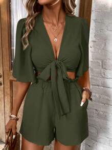 SHEIN LUNE 女士實色簡約日常短袖T恤和短褲套裝 - 軍綠色 - 查看 5