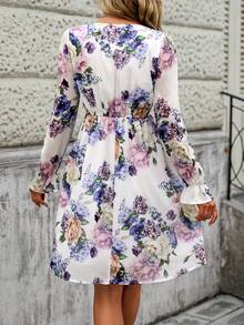 Breezaya Printed Random Cut V-Neck Chiffon Long Sleeve Women's Dress - Multicolor - View 2