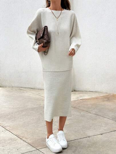RueChic Women Batwing Sleeve Top And Skirt Sweater Set