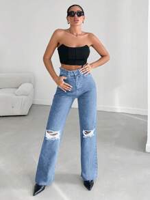 RueChic Women's Distressed Straight Leg Jeans - Medium Wash - View 3